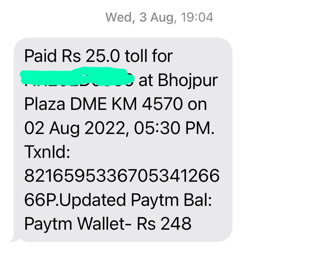 udnukyaja's tweet photo. @Paytm @OfficeOfNG Got this message from Paytm for Fastag. The car was in garage in Del and I have never in my life passed through the said toll even in any other car. Not just a fraud of Rs.25 but a safety and security issue as well. Paytm still to revert back, its 10 days now https://t.co/HFD68cMvdo