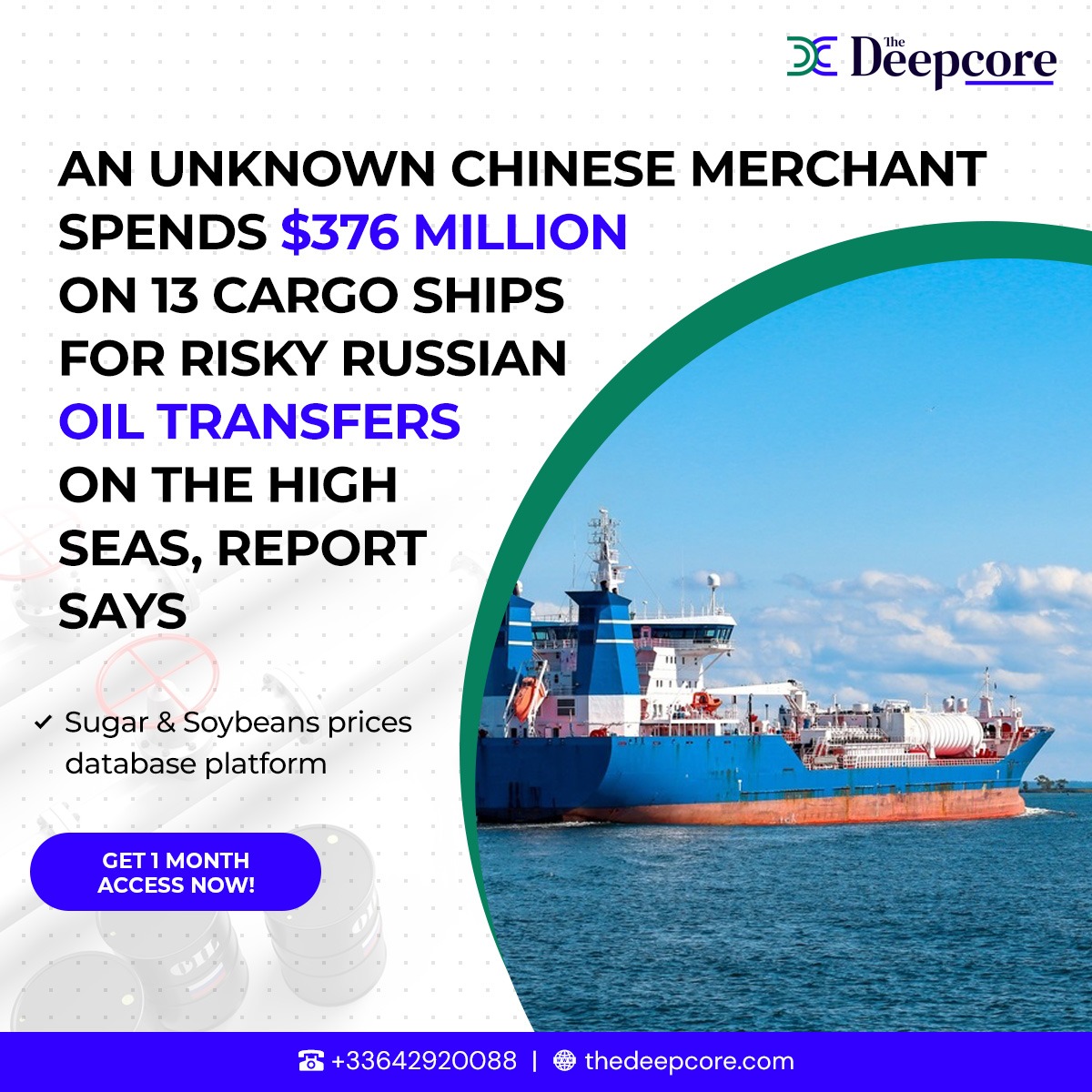 TheDeepcore's tweet image. An anonymous Chinese firm has spent $376 million on 13 tankers to execute ship-to-ship transfers of Russian crude in the mid-Atlantic.
bit.ly/3Pq4bBQ  

#thedeepcore can help you with:
Physical #Sugar &amp;amp; #Soybeans brokerage worldwide
Commodities #Trading
#BigData Provider