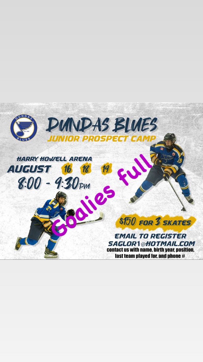 DundasBlues's tweet photo. Get those skates sharpened, camp is only a few days away. Register before it’s to late! https://t.co/JTQVdYDqeX