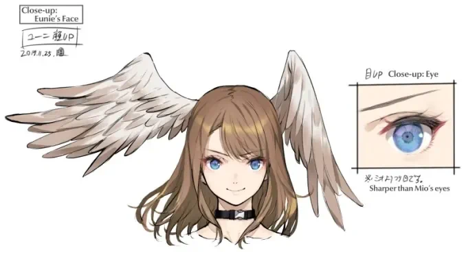 it goes as far as describing the design choice of the eyes in the artbook 