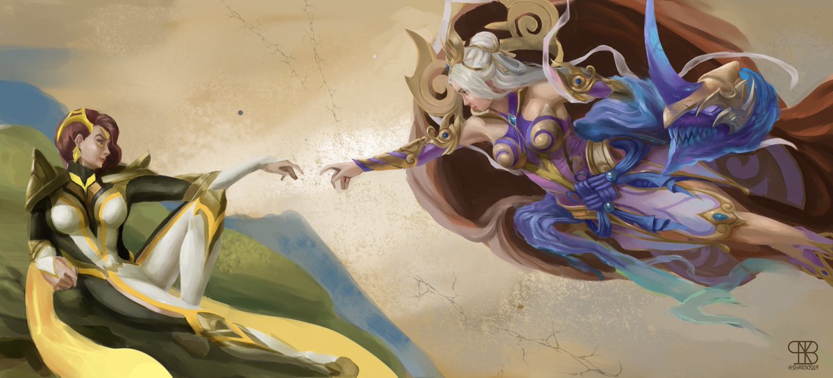 Selena and Esmeralda inspired from the famous classical painting called "The Creation of Adam". 

#MobileLegendsfanart #mlbbfanart #mlbbselena #mlbbesmeralda #digitalart #illustration #FANART #DigitalArtist