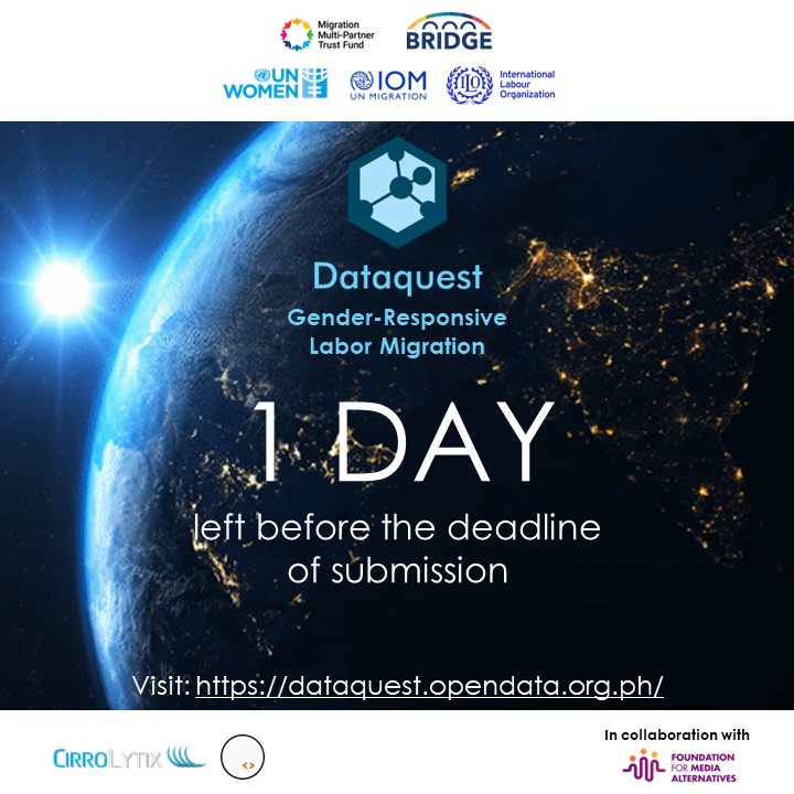 cirrolytix's tweet photo. HACKATHON ALERT: It's not too late to enter Dataquest 2022. Head over to https://t.co/sFtasuI0di and JOIN US. One day left before the registration closes.
#Dataquest #Hackathon #Gender #LaborMigration #HelpOurOFWs #MigrantWorkers https://t.co/N6tQceNy7M