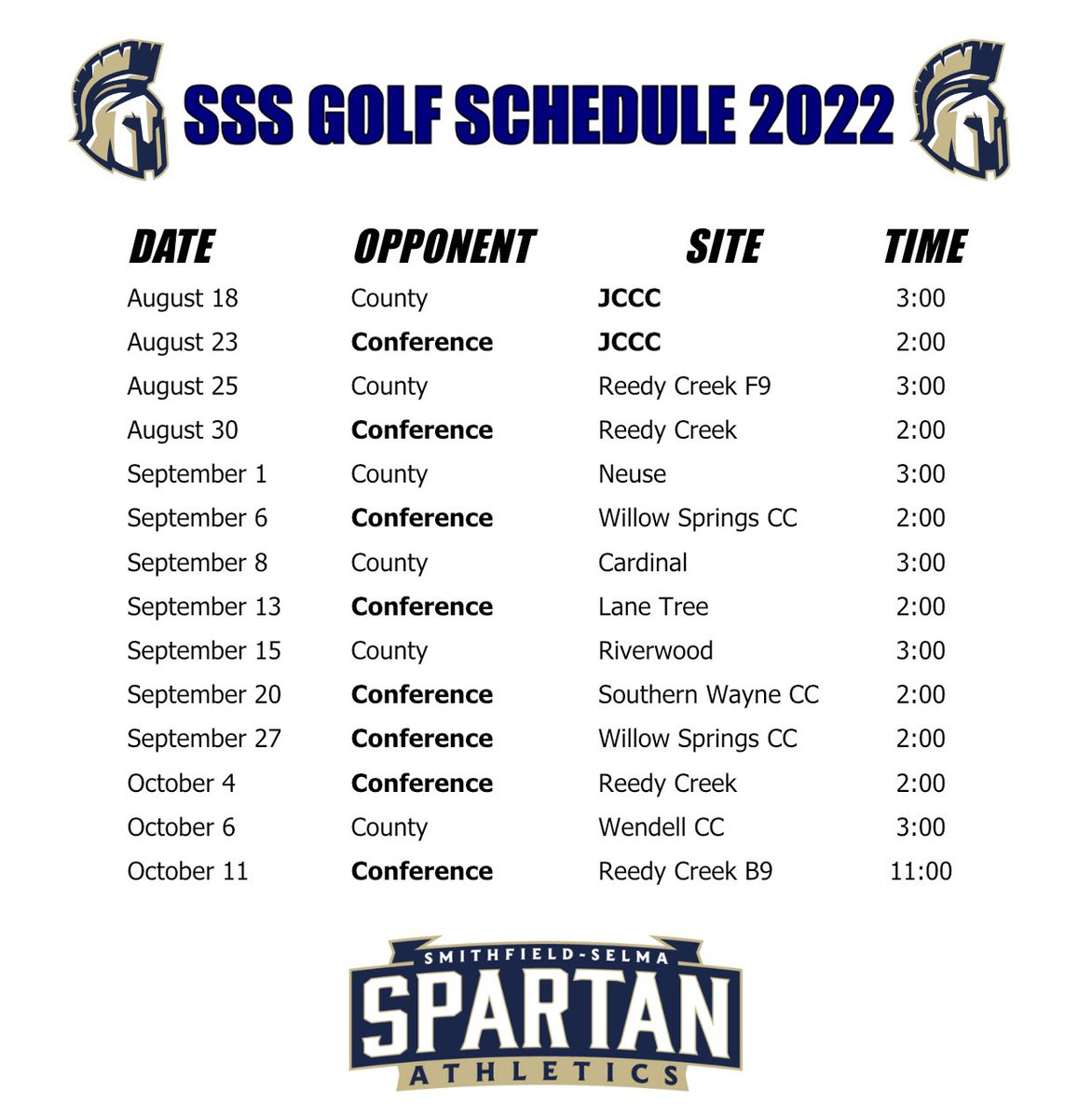 Get ready Spartan fans, games of the 2022-2023 sports seasons begin Monday, August 15. Get your all season passes and cheer on your Spartans at all home matches. THIS IS SPARTA!!! ⚽️🏐🎾👟⛳️📣🏈 <a href="/DavidKAllen_/">David K. Allen</a> <a href="/SSS_Spartans/">SSS High School</a> <a href="/WJG_Sports/">We Journal Great Sports</a> <a href="/SmithfieldNews/">Town of Smithfield, NC</a> <a href="/TownofSelma/">Town of Selma</a>
