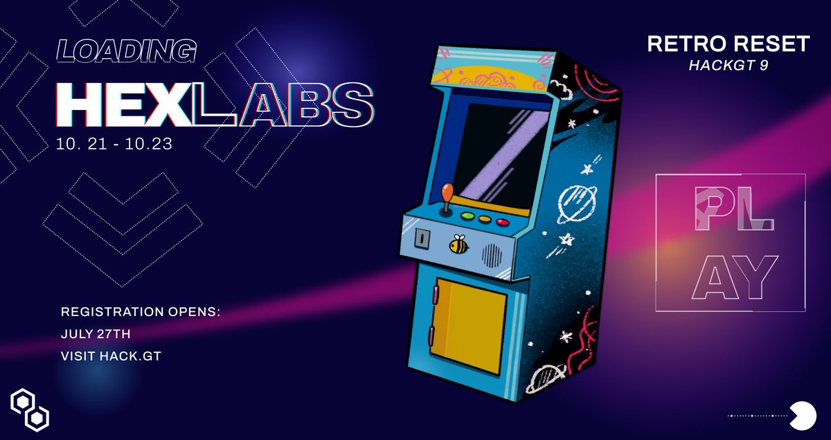 SwampHacks's tweet photo. HexLabs is so excited to bring the retro arcade experience 👾 to you this fall with HackGT 9: Retro Reset 🕹! Registration for the grooviest hackathon opens in less than one week on July 27th ⌛. https://t.co/rZKrx7NLbm