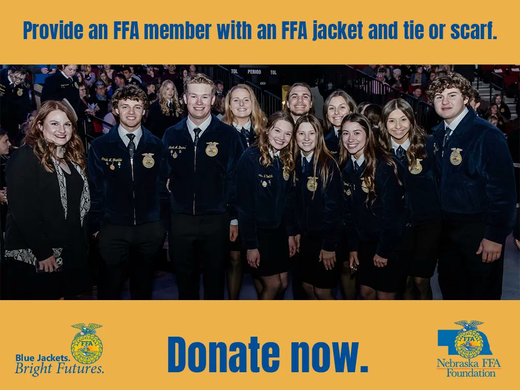NEFFAFoundation's tweet photo. Make your $100 donation by September 1 to help a young student display his or her FFA membership proudly: https://t.co/az7OdrmQft 

This year, the Nebraska FFA Foundation aims to provide 400 deserving FFA members with an FFA jacket and tie or scarf. https://t.co/5vMgnXdq7v