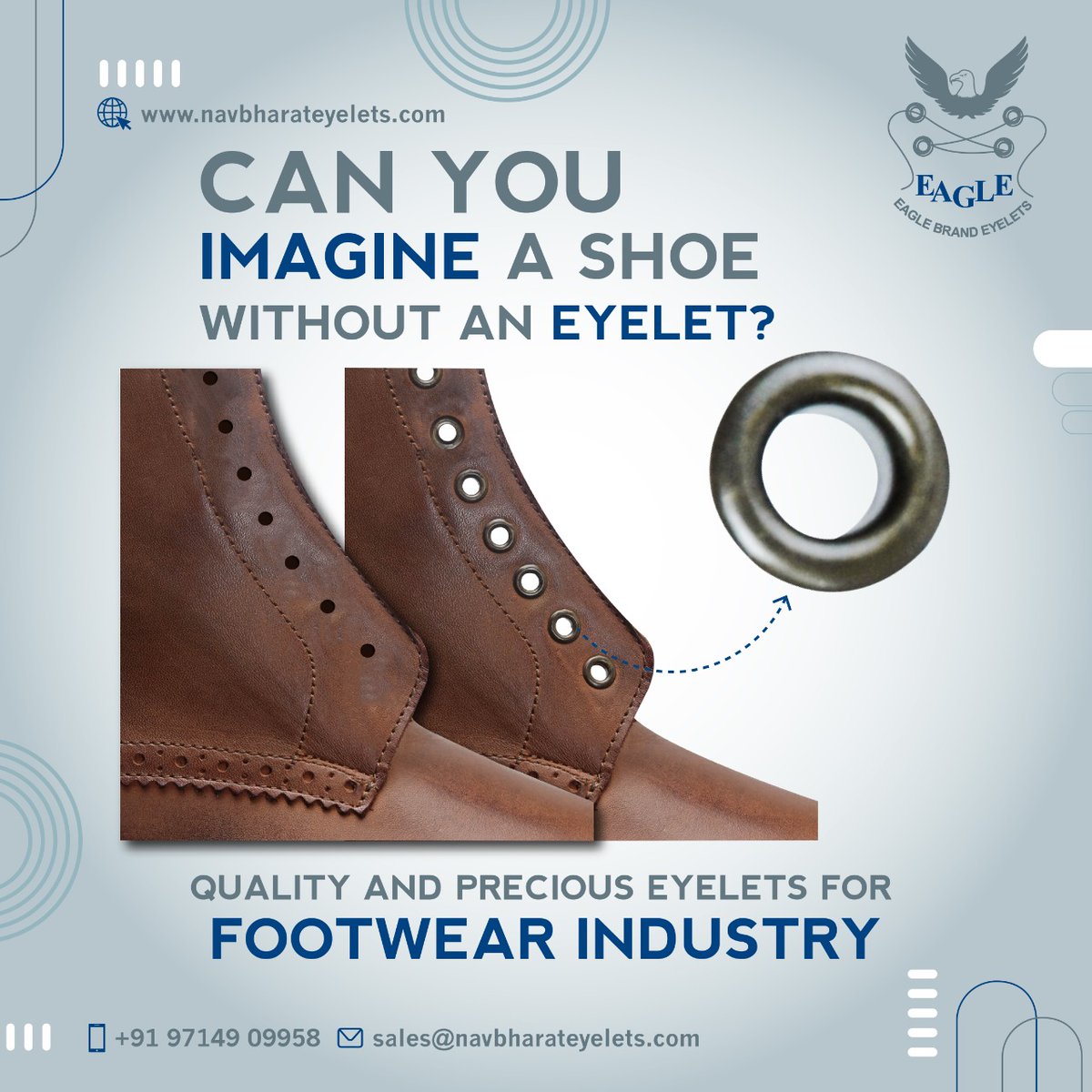 Nav_Eyelets's tweet image. NavBharat Shoes Eyelets are available in various Size and metal with different finishes making them suitable for Footwear Industry.