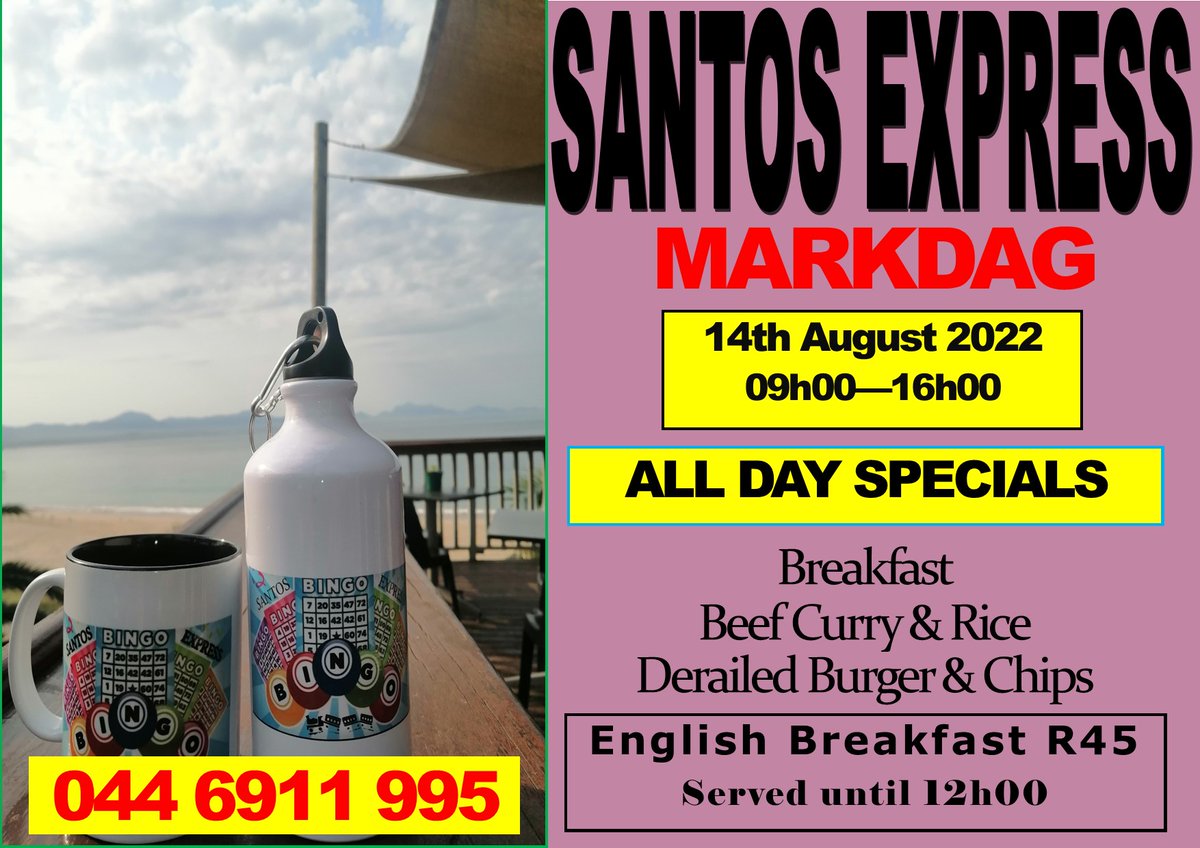 SantosExpress's tweet photo. Due the the possible bad weather in Mossel bay tomorrow there might be NO STALLS , but we have all day specials at the Santos Express Train. https://t.co/ooszdvHE8b