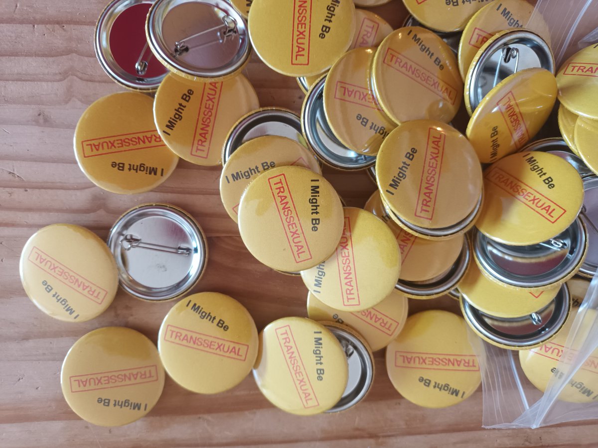 HJosephineGiles's tweet photo. I'd completely forgotten that I made these facsimiles of the MichFest "I Might Be Transsexual" badges for a project that never happened. Would people want / wear one? https://t.co/xBep33cAt3