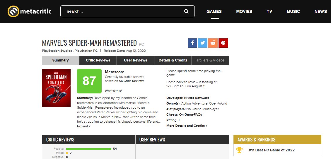 Marvel's Spider-Man Remastered - Metacritic