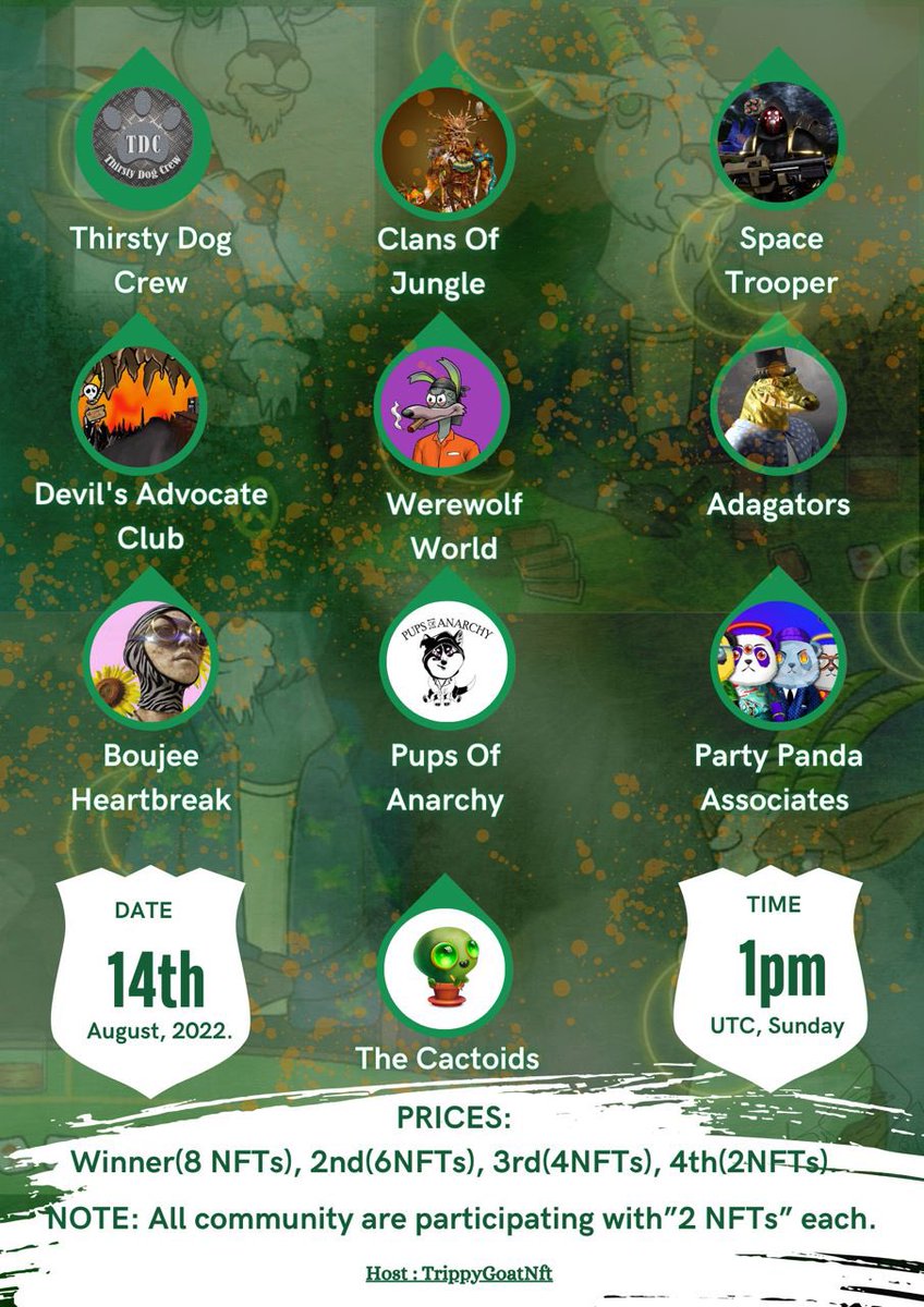 cryptnft_bull's tweet photo. The @trippygoatnft_ is hosting a poker game between #CNFT projects.
@ThirstyDogCrew @clansofjungle @spacetrooperNFT @DevilsClubNFT  @werewolfworld_ @AdaGatorsNFT @MetaJeweler @PupsAnarchy @PartyPandaCNFT @CactaniaCNFT 
⏰: 1pm UTC
🗓: 14 August 2022
 #NFTs #CardanoNFT #Crypto https://t.co/CGp5VK8DbC