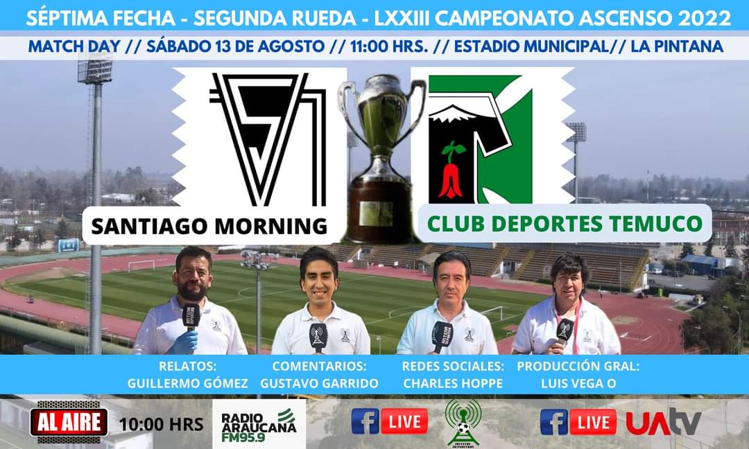 Hoy desde las 10 de la mañana, y en todas nuestras plataformas: SANTIAGO MORNING vs DEPORTES TEMUCO, partido crucial para salir de la zona de descenso. ¡Los esperamos!