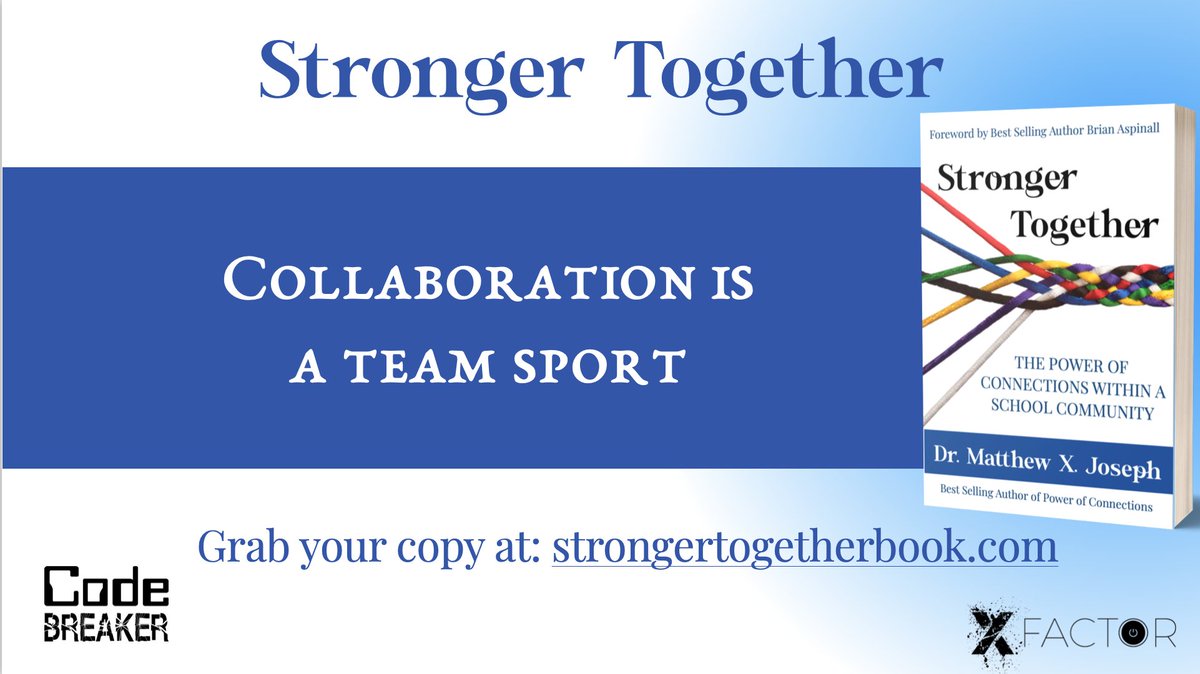 Collaboration is a team sport 
Educator collaboration happens when educators work 
together to increase student achievement.
Grab your copy at: strongertogetherbook.com
#CodeBreaker
@GAB__on <a href="/jenquattrucci/">Jennifer Lee Quattrucci</a> <a href="/annkozma723/">Ann Kozma</a>  
@Stefanowicz135 <a href="/eTwinzEDU/">eTwinz Education</a> <a href="/biologygoddess/">Bonnie Nieves is posting on LinkedIn now</a> <a href="/nankr1120/">Kristen Nan♣️♥️♠️#ALLinEDU</a>