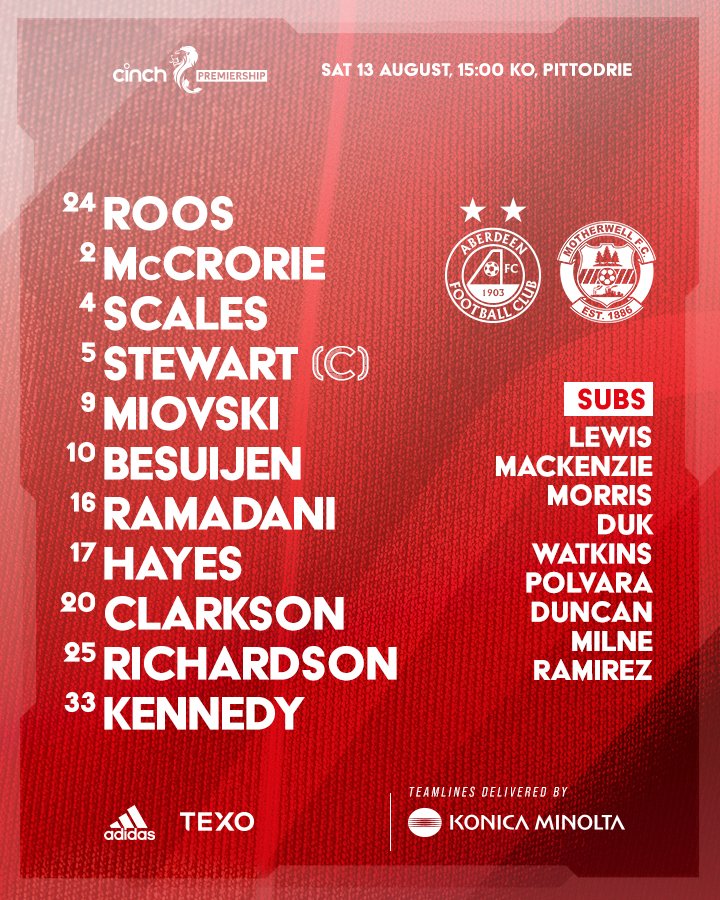 AberdeenFC's tweet photo. 🔒 Team news locked in.

Here is how we line-up at Pittodrie. COYR!

#StandFree | #cinchPrem https://t.co/s45AKoZjnO