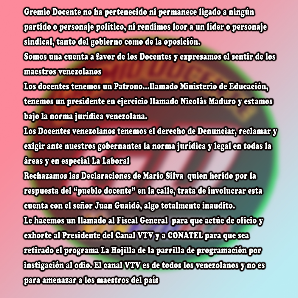 GremioDocente's tweet photo. Comunicado de @GremioDocente frente a las Declaraciones de Mario Silva https://t.co/Tmf0RBKxgC