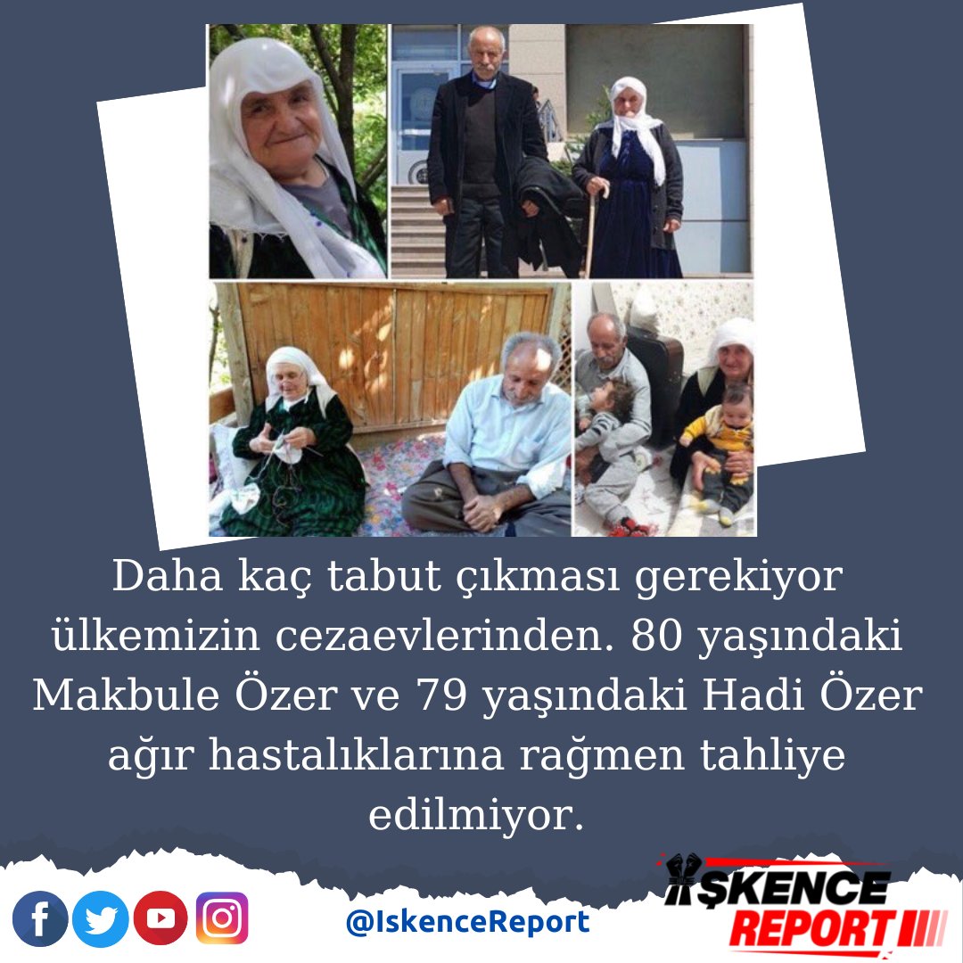IskenceReport's tweet photo. Daha kaç tabut çıkması gerekiyor ülkemizin cezaevlerinden. 80 yaşındaki Makbule Özer ve 79 yaşındaki Hadi Özer ağır hastalıklar��na rağmen tahliye edilmiyor.
İşkenceciler KayıtAltında
@SKorurFincanci 
@ahmetnesin1 https://t.co/7vR14vi0RC
