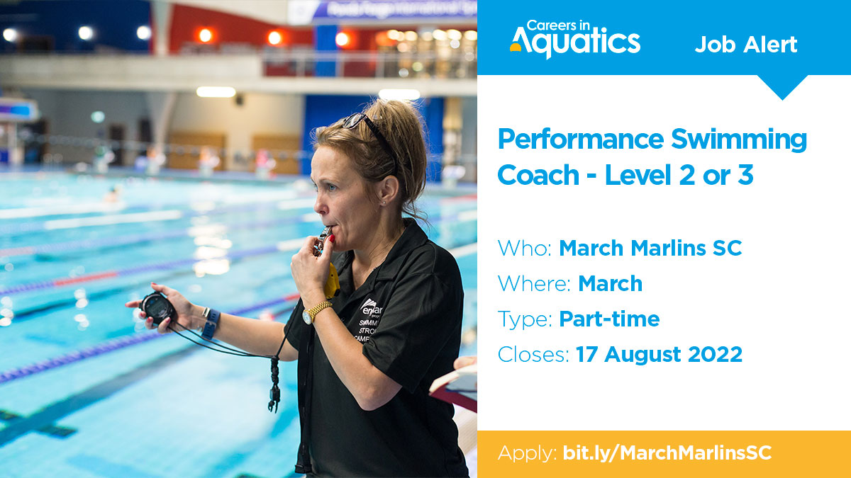 Careers In Aquatics (@jobsinswimming) on Twitter photo Job Alert | Level 2 or 3 qualified Performance Swimming Coach needed by <a href="/MarchMarlins/">March Marlins SC</a> in March.
Applications close on Wednesday so get yours in before it's too late.
Closes: 17 August
Apply: bit.ly/MarchMarlinsSC Job Alert | Level 2 or 3 qualified Performance Swimming Coach needed by <a href="/MarchMarlins/">March Marlins SC</a> in March.
Applications close on Wednesday so get yours in before it's too late.
Closes: 17 August
Apply: bit.ly/MarchMarlinsSC