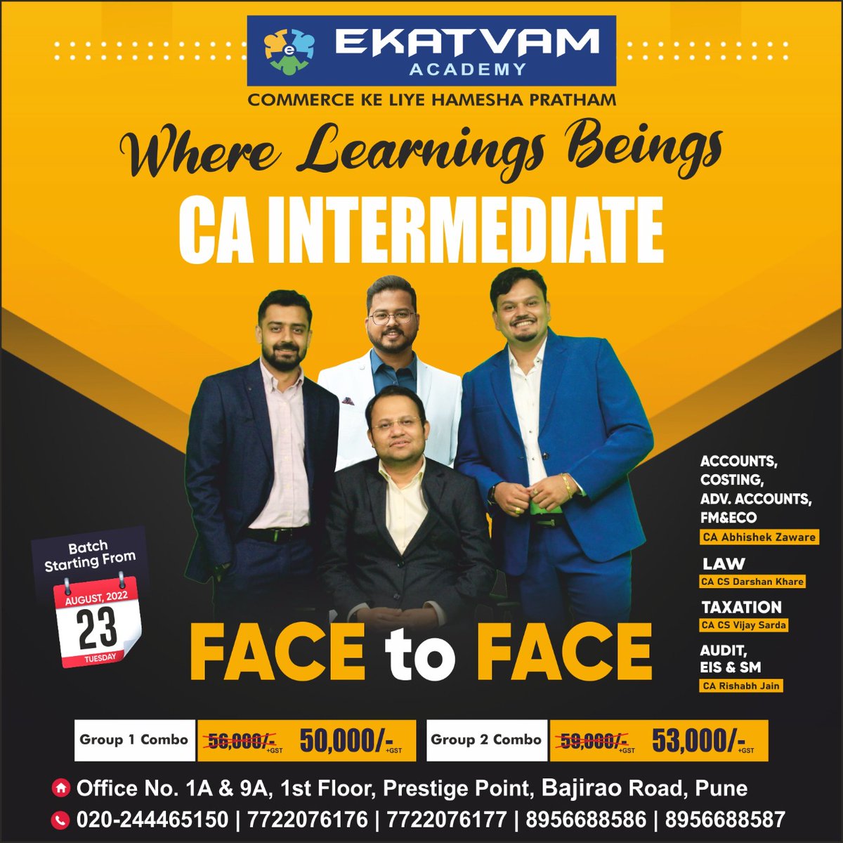 cadarshankhare's tweet photo. ✅ Book your seat now And get the chance to Learn With Experienced Faculty of their Subjects. 💯

CA Intermediate Grp 1 Face to Face batch Starting From 23 august.

More info Call Us:  7722076176 / 7722076177 | 8956688886 | 8956688587 

👉Visit :- https://t.co/ztq7ymPZlq https://t.co/iH0CmO5M4H