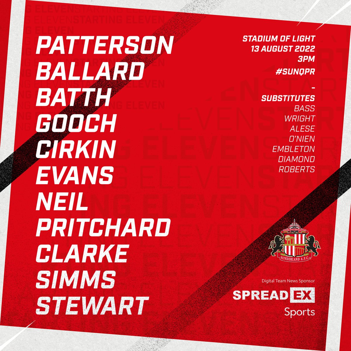 SunderlandAFC's tweet photo. Our starting XI for #SUNQPR! 📝

#SAFC https://t.co/z1YkAVnzf5