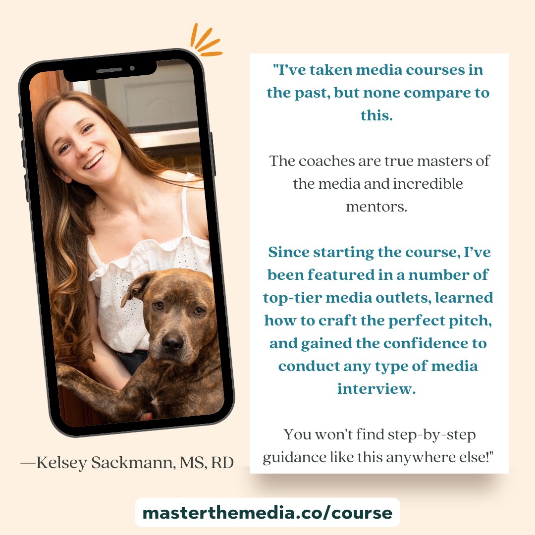 amydgorin's tweet image. This is the best course she's ever taken. That's what Kelsey said about my 6-month Master the Media Coaching Program. Join us now! $1K off special pricing ends in 3 days. This is the LOWEST pricing we'll ever offer @nutritionistsam
masterthemedia.co/course/ #dietitian #mediacourse