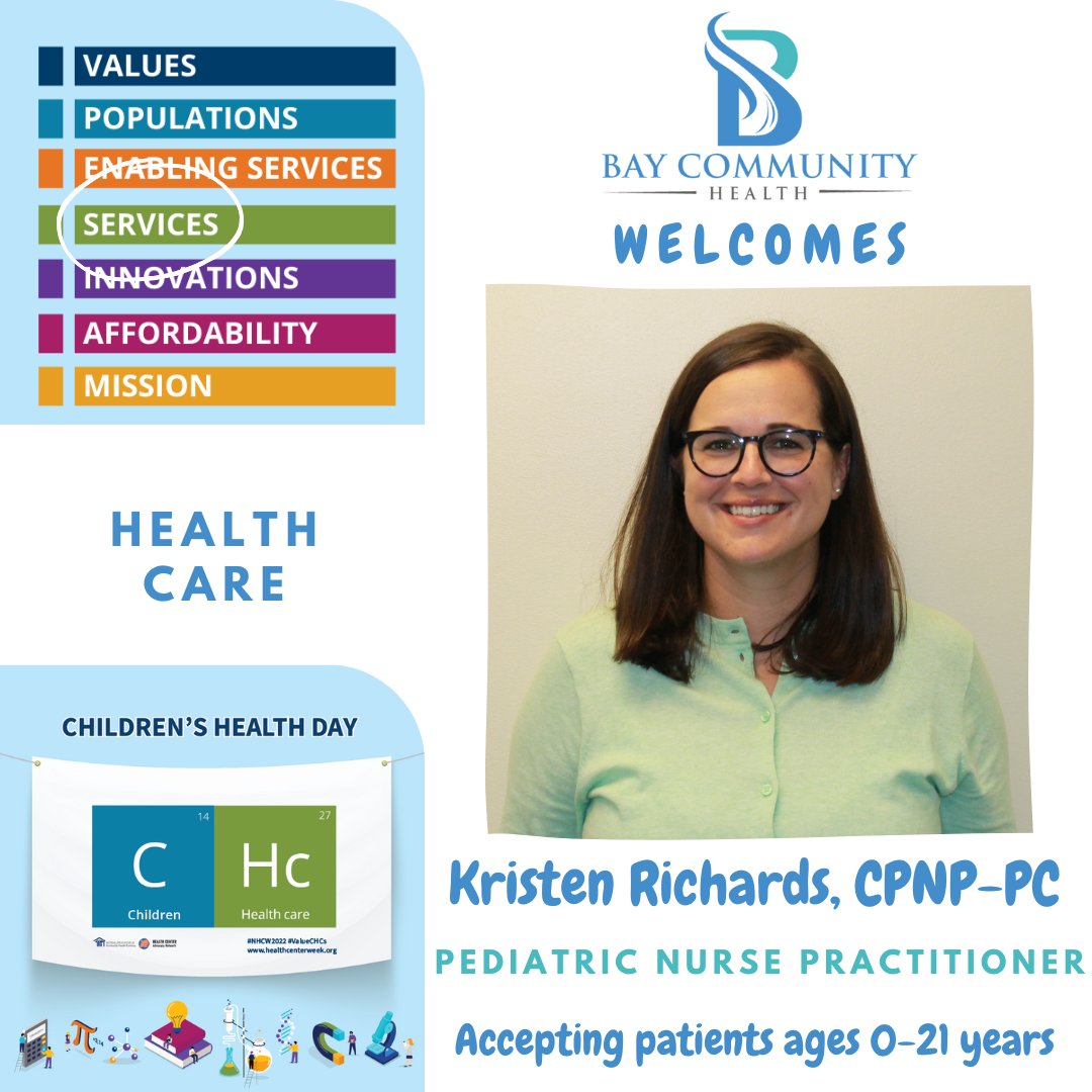 BayCommunityHC's tweet photo. In celebration of #NHCW2022 and Children's Health Day, BCH welcomes our newest provider, Kristen Richards, CPNP-PC. Kristen is a Pediatric Nurse Practitioner, accepting patients ages 0-21 years. #ValuesCHCs https://t.co/lZseX1tEc4