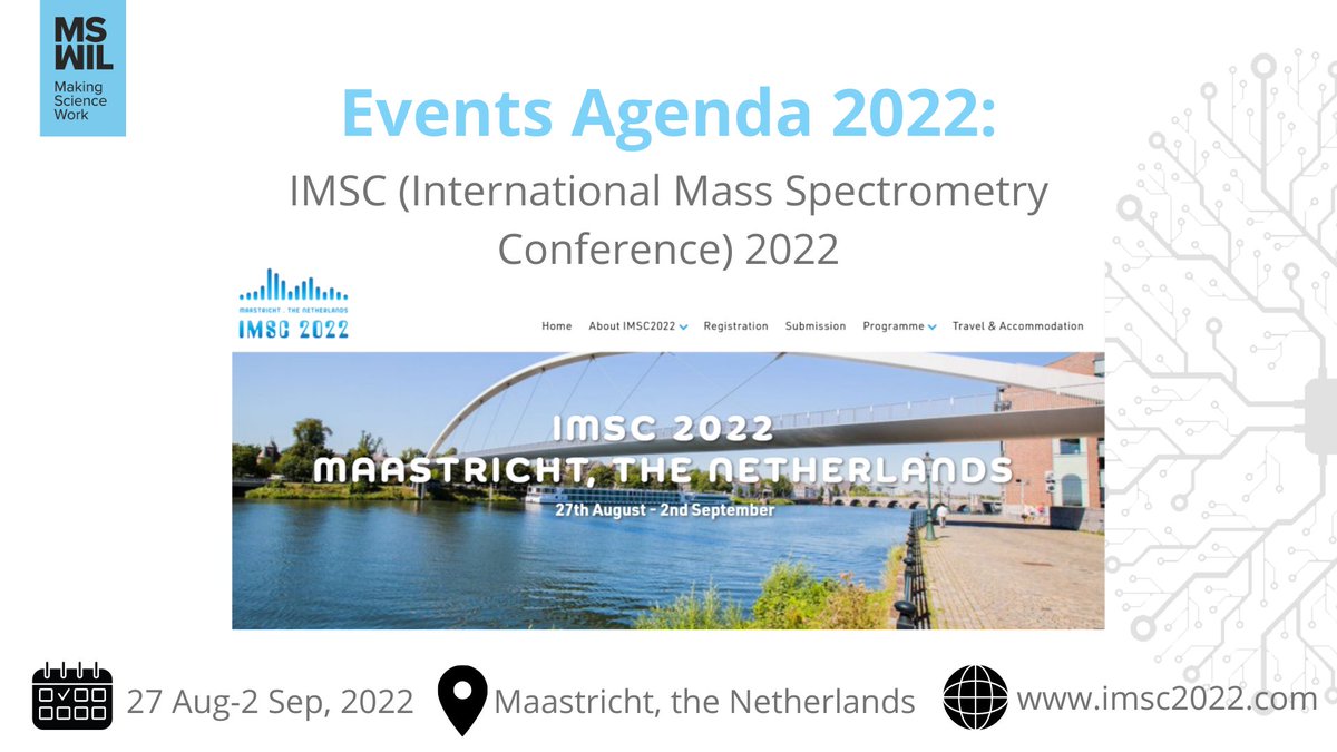 mswilbv's tweet photo. At the end of this month we will be attending another great MassSpec Event: the International Mass Spectrometry Conference 2022.
Who will we see there at IMSC in Maastricht?
#MassSpec #Conference #IMSC22 #MSWil #MakingScienceWork https://t.co/fLg9Ybl750