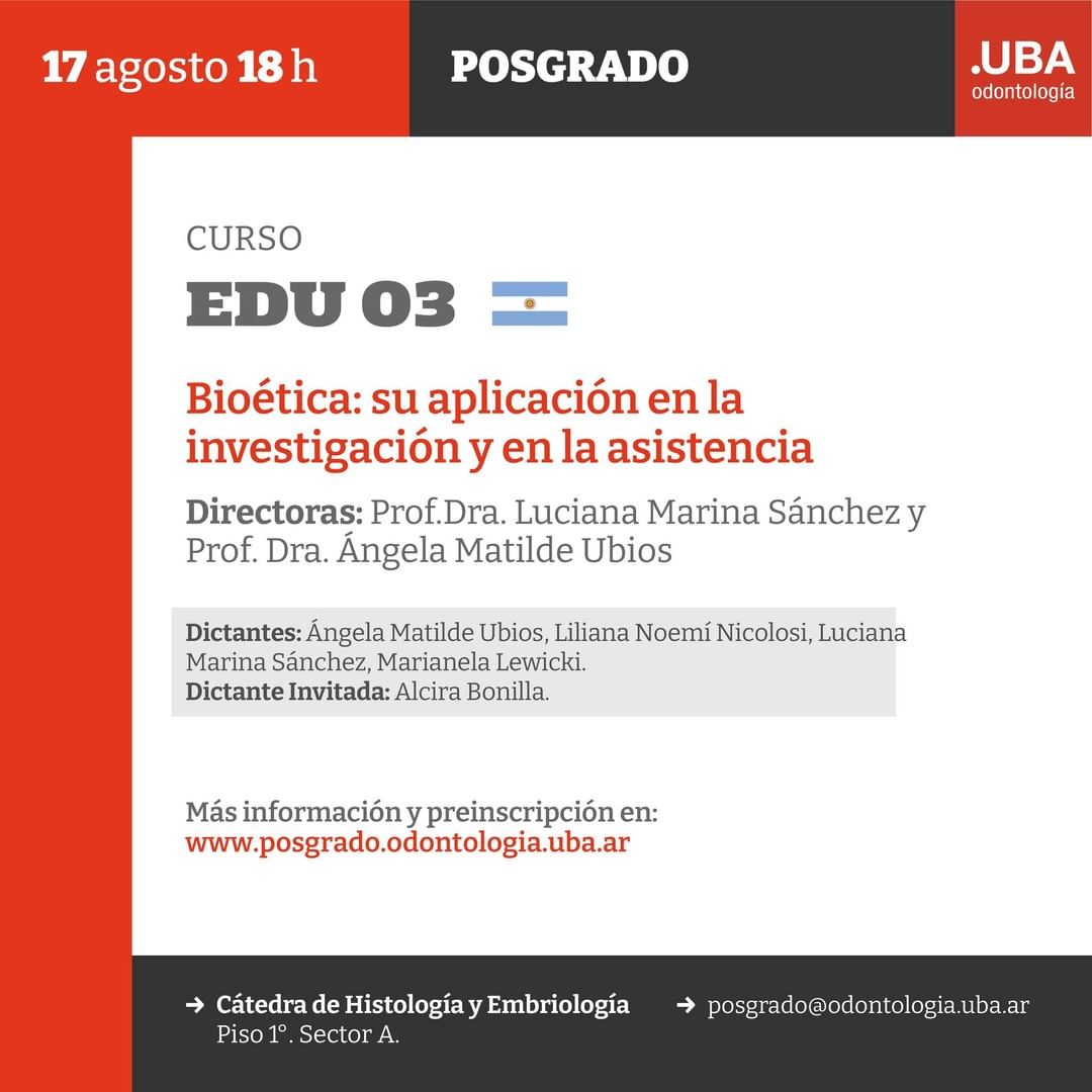 UBAposgrados's tweet photo. Curso de Posgrado
Bioética: su aplicación en la investigación y en la asistencia.
Más información e inscripciones:
posgrado@odontologia.uba.ar
https://t.co/OZ8lKlStLg
#Odontología #UBAPosgrados #UBA #FOUBA #Educación https://t.co/KbUJEaGI7z