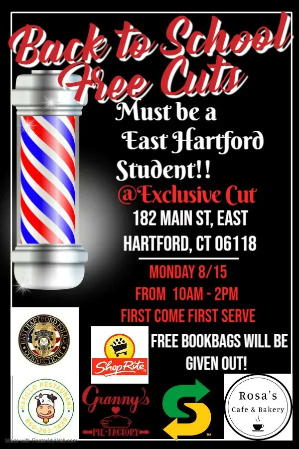 EastHartfordPS's tweet photo. 💈Get ready for the start of school with a FREE haircut! #EastHartford students can stop by Exclusive Cuts (182 Main Street) on Monday from 10am-2pm. #EHPSPride https://t.co/OXmgq9SII3