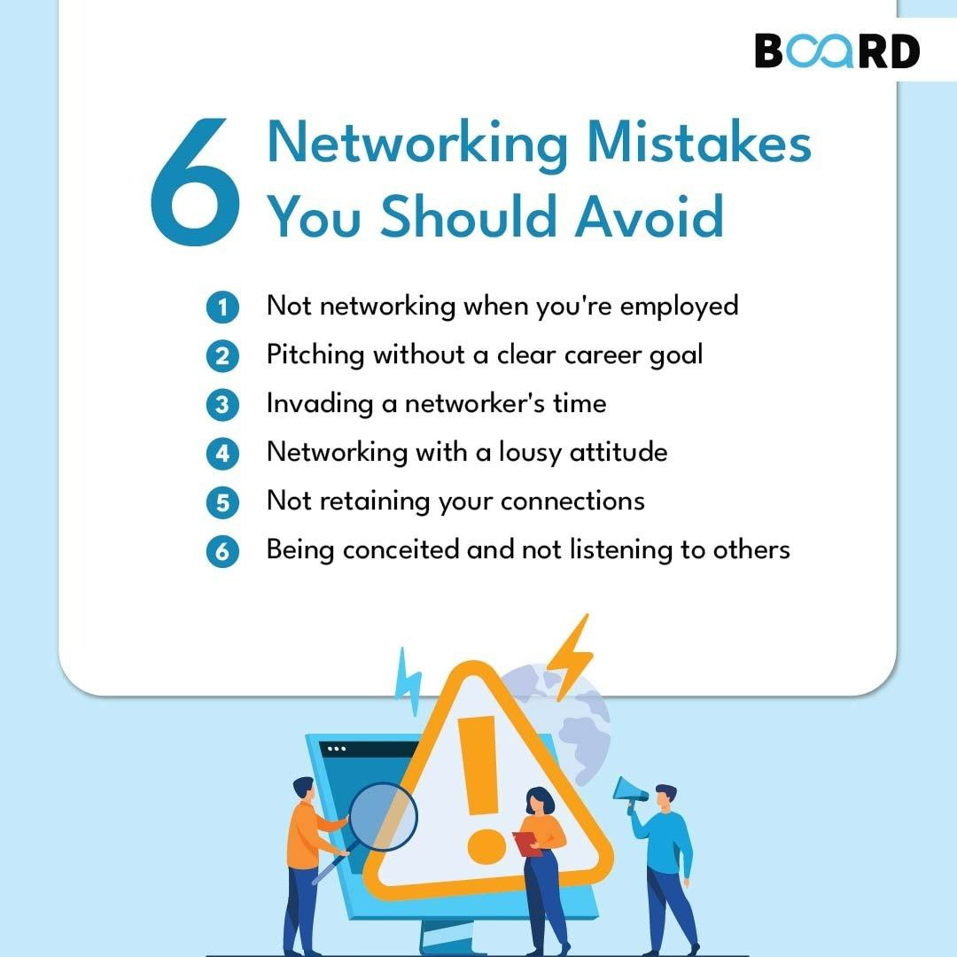 boardinfinity's tweet photo. Networking can be considered an investment in your career. So, being an extrovert and getting along with everyone isn't enough!
Here are 6 mistakes to avoid to make your networking worthwhile!
#BoardInfinity #BI #networking #careers https://t.co/kkqLYcvPJb