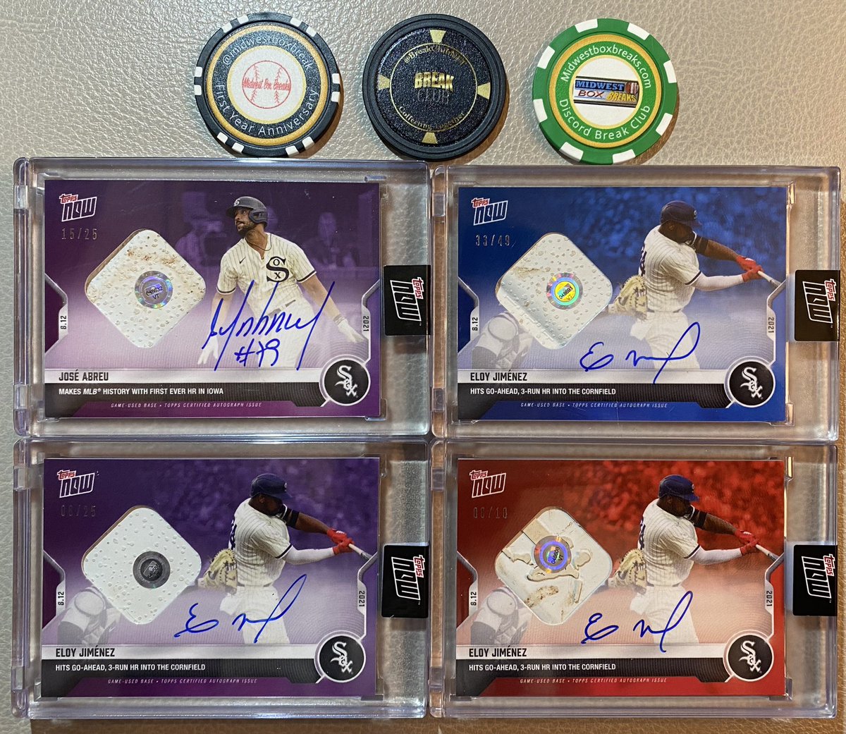 @midwestboxbreak @PhilsPulls @BreakClubNFT 2021 Topps Now Inaugural Field of Dreams game White Sox auto relics…open to trades (TV) Jose Abreu purple /25 - $475 (500) Eloy blue /49 - $400 (425) Eloy purple /25 - $550 (600) Eloy red /10 - $750 (800)
