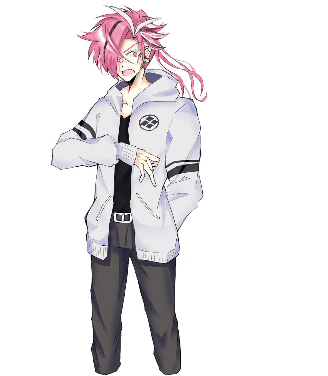 1boy male focus solo jacket jewelry open mouth pink hair  illustration images