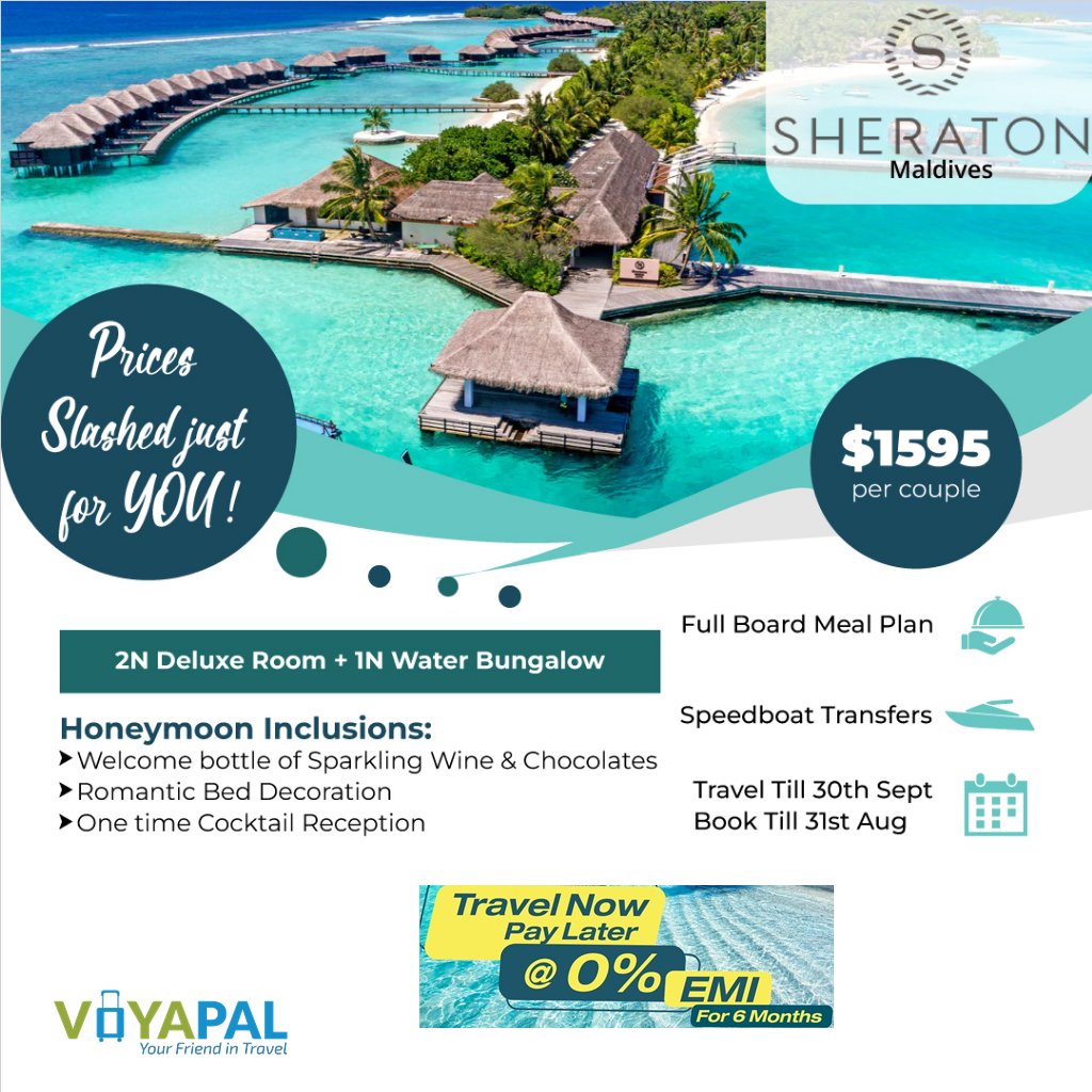 voyapal101's tweet photo. SHERATON - PRICES SLASHED 
Get Amazing Deals with  VOYAPAL Book your Dream Vacation at 9967411177.
#sheraton #sheratonmaldives #visitmaldives #honeymoondeatination #honeymooners #honeymoonpackages #tourpackages #maldivespackage #maldivesbooking #travelpackage #holiday #tours https://t.co/WhXM6RN7Ic