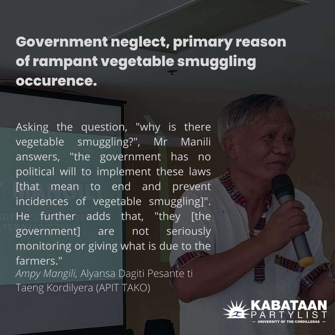 KabataanUC's tweet photo. [WATCH]

Mr. Ampy Mangili of APIT TAKO discusses vegetable smuggling, its origins, and how and why it still prospers in Benguet and several other parts of the Cordillera.

see full video here: https://t.co/aePpRsPZ6i

#NoToVegetableSmuggling
#SupportLocalFarmers https://t.co/iCVNgiCZRB