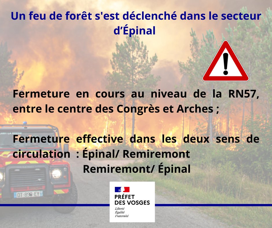 Prefet88's tweet photo. 🔥Feu de forêt dans le secteur d’Épinal 🔥

Le préfet des Vosges a activé une cellule de crise ( COD) en préfecture afin de suivre l'évolution de la situation et prendre des mesures adaptées. 

Évitez le secteur et dévier le plus tôt possible!⚠️ https://t.co/y0Nw7gt3dm