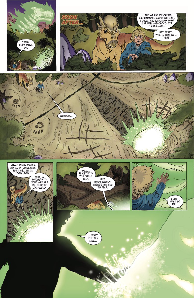 JoshSpiller's tweet photo. It’s #SmallPressDay ! To join in with the celebrations, here are 4 pages for @brokenfrontier’s #SPDBFREVIEW from our all-ages adventure comic, SINAVORE, about a modern-day kid who gets stranded in prehistory.

The issue is available on my website: https://t.co/UFMslJUrha https://t.co/pF5GNe9Sch