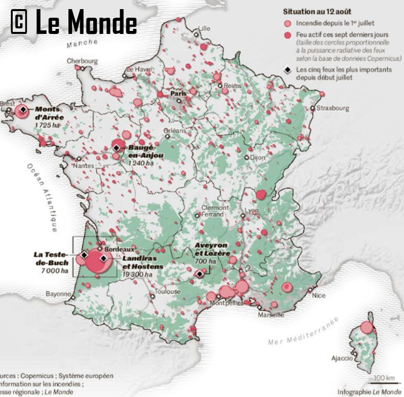 SergeZaka's tweet photo. ▶️Les 60000ha brûlés sont désormais atteints en France (15000 d'écobuage &amp; 45000 de forêts/garrigues). La courbe de progression est exceptionnelle, propulsée 3 canicules et une sécheresse inédite.
▶️Toutes les régions sont concernées.
#incendies #canicule2022 #Secheresse2022 https://t.co/gZAUqzuTFx