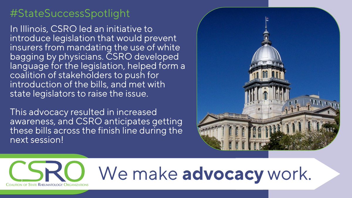 CSROAdvocacy's tweet photo. #StateSuccessSpotlight This year, CSRO led the introduction of SB 3924 & HB 4774 in #Illinois, bills that would prohibit #whitebagging mandates. Thanks to CSRO’s advocacy efforts, this issue is now on the agenda for IL lawmakers - we make advocacy work. https://t.co/35hz3pXLvb