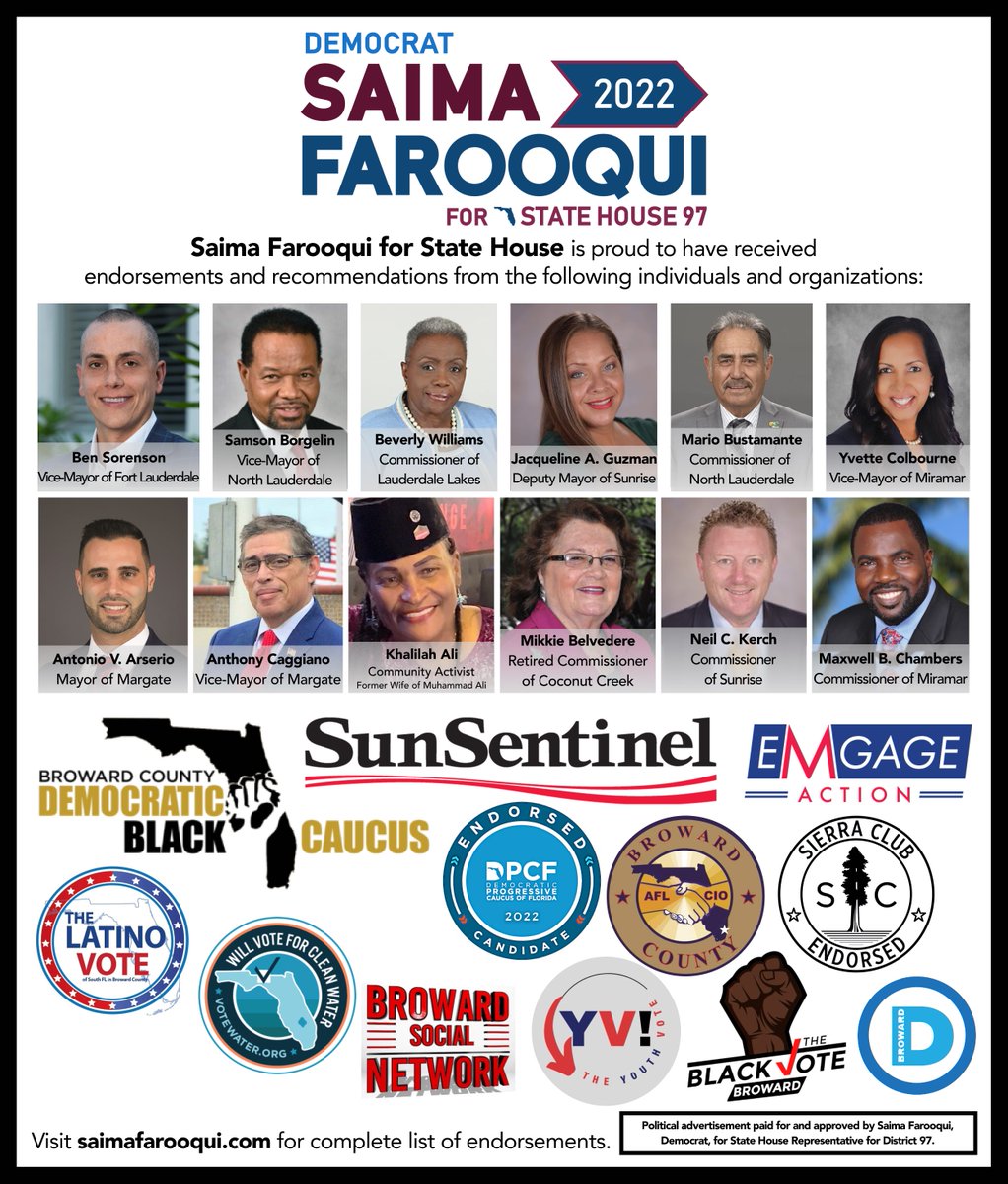 SaimaForFL97's tweet photo. We are truly appreciative of every person and organization who has put their trust into us and endorsed us. With their support, we will take this to the finish line. Thank you everyone!!! https://t.co/kdMXNW8fBq