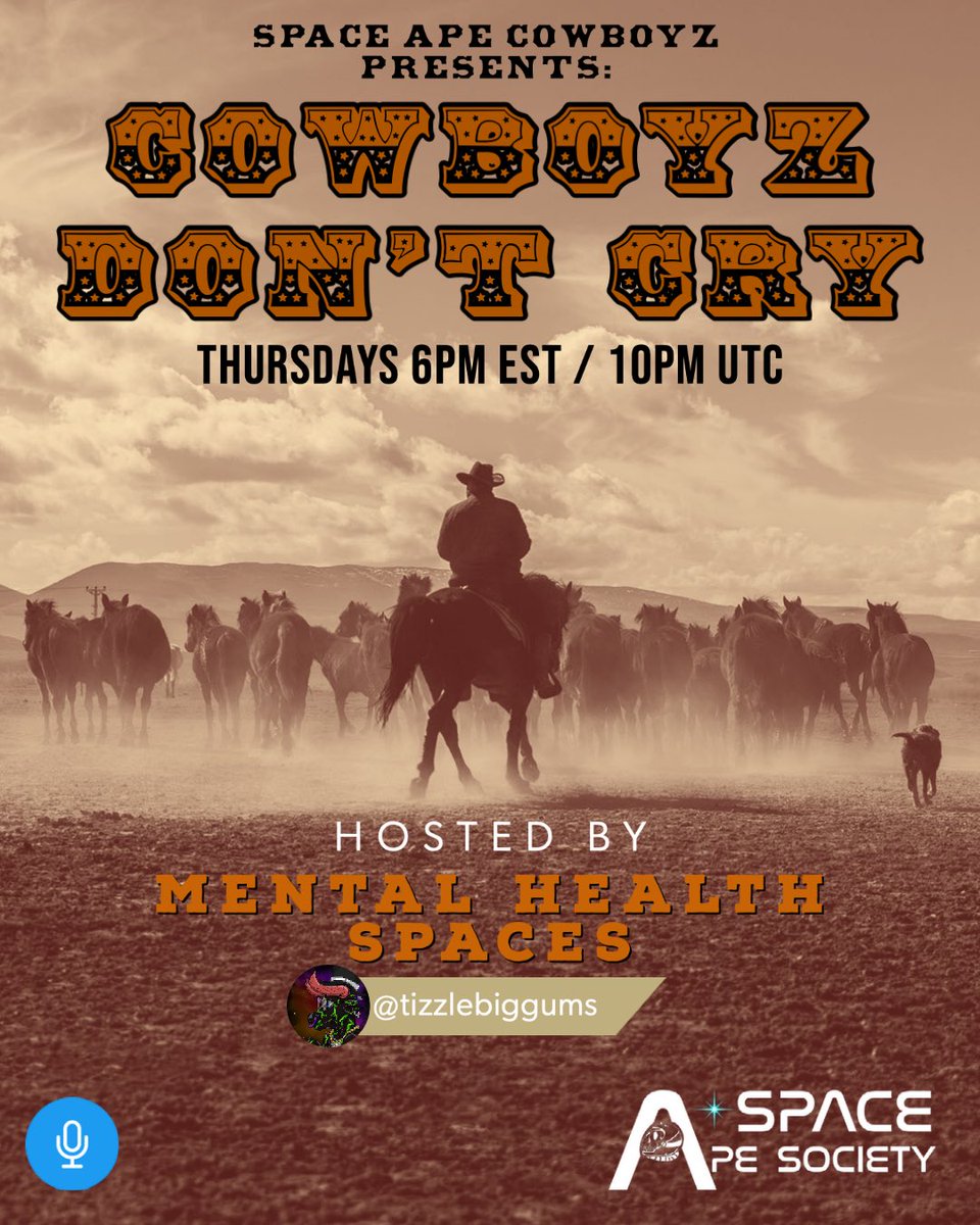 SpaceApeCowboyz's tweet photo. Starting next Thursday at 6pm EST we will kick off our weekly Men's Mental Health Space &amp; discuss real life issues. 

**SET YOUR REMINDER &amp; JOIN US**

#MentalHealthMatters 

 https://t.co/Et2Xbu7rkK https://t.co/CUBjbBDtkW