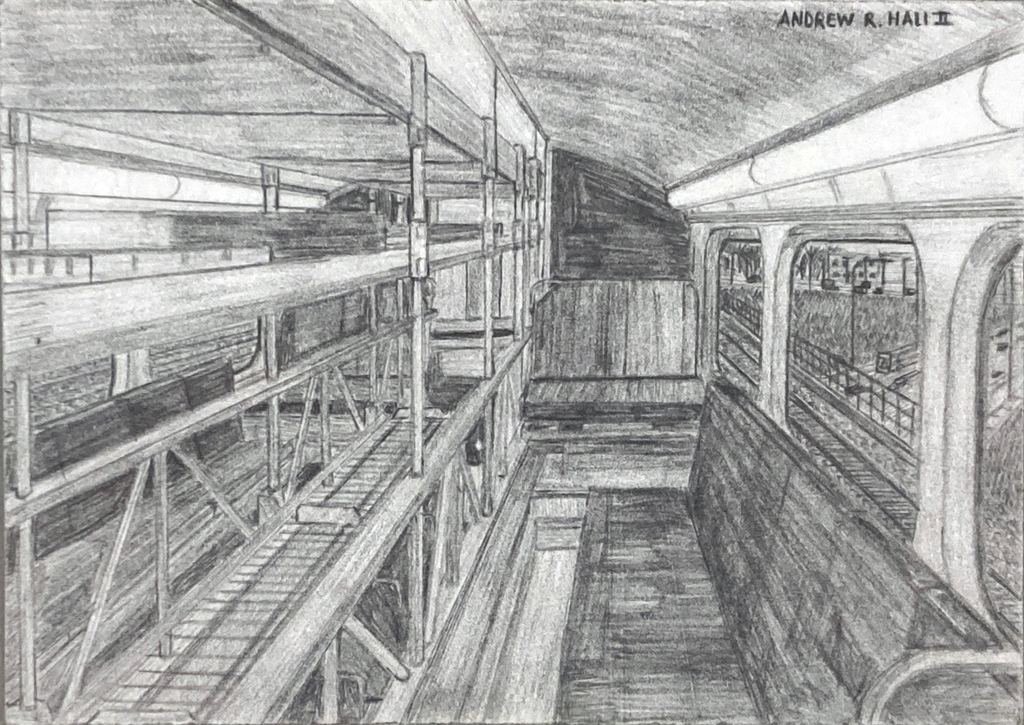 Project_Onward's tweet photo. A careful study of a Metra wagon interior by #AndrewHall.
Hall was fascinated by the trains even as a child, developing an engineer’s eye for structure that carries over to his drawings today. Find more of Andrew Hall’s meticulous art on our online store! https://t.co/U172fj24AP https://t.co/Ioc3Ylk5JF