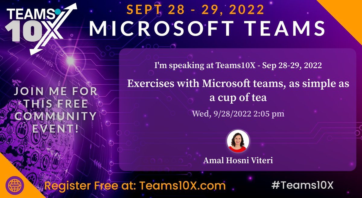 Teams10x's tweet photo. Amal Hosni Viteri's topic will be “Exercises with Microsoft Teams” at our upcoming Microsoft Teams Summit on September 28th & 29th!
Click here to register:
https://t.co/5Z9OjpycWD
#MicrosoftTeams #Office365 #MicrosoftSummit #Teams10x #teamsiac #ImATeamsiac https://t.co/2XADZ5sa2o