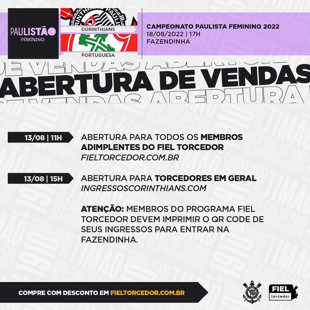 Corinthians Futebol Feminino on X: Liberada a venda de ingressos para  todos os torcedores que quiserem acompanhar a partida entre Corinthians e  Portuguesa, na quinta-feira, às 17h, na Fazendinha! Acesse   e