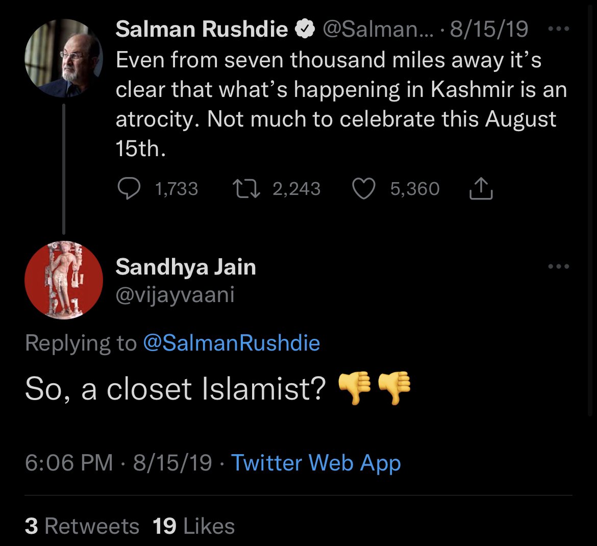 DiscourseDancer's tweet photo. A lot of those discoursing about Rushdie and the threat of Islamic terror today were rather happy to have him suffer for words he had written not too long ago. A cursory look at the response to this tweet by him can show that hindutva has no guiding philosophy except islamophobia https://t.co/bMh5Z8a8o6