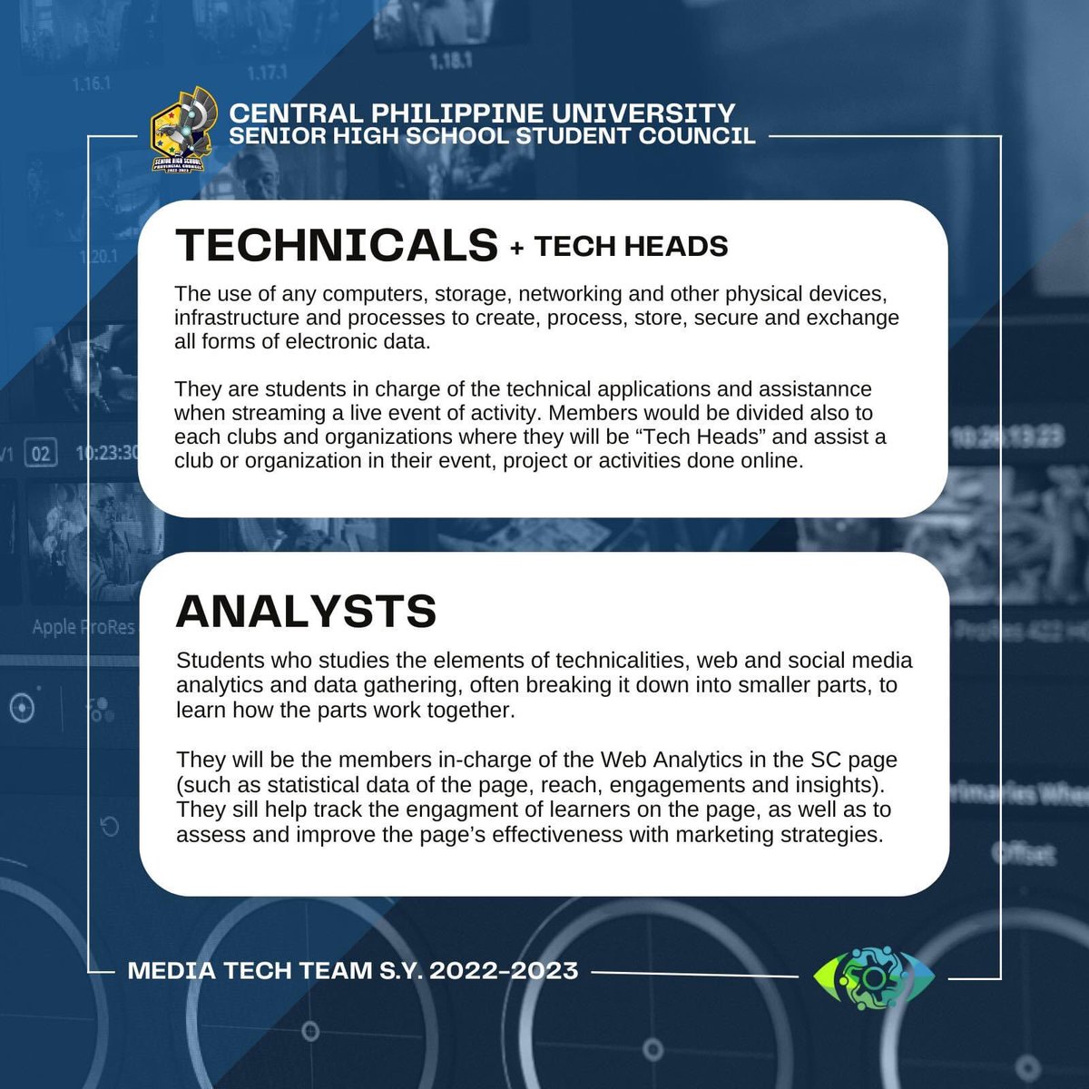 cpushs_sc's tweet photo. 📣 MEDIA TECH TEAM CALL FOR MEMBERS! 🧑🏻‍💻👩🏻‍💻

Hear ye, Steelhawks! 🦅 

The CPU SHS Media Tech Team is looking for Tech-savvy students willing to join us in assisting our department! 

See details down below! 
https://t.co/TmlRlzCOn5

#MediaTechTeam
#7ustrousSTLHWKS
#Liwanag7awin https://t.co/QcJang0nlX