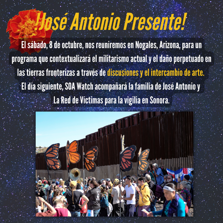 SOAWatch's tweet photo. 🦋La convocatoria será una reunión de la comunidad en resistencia en las tierras fronterizas. Incluirá arte, música, paneles de discusión y una procesión y vigilia en honor a José Antonio. https://t.co/dwQhnKxxLW
#Nadieesilegal
#nomuro
#nocbp https://t.co/RPudnjWr7h