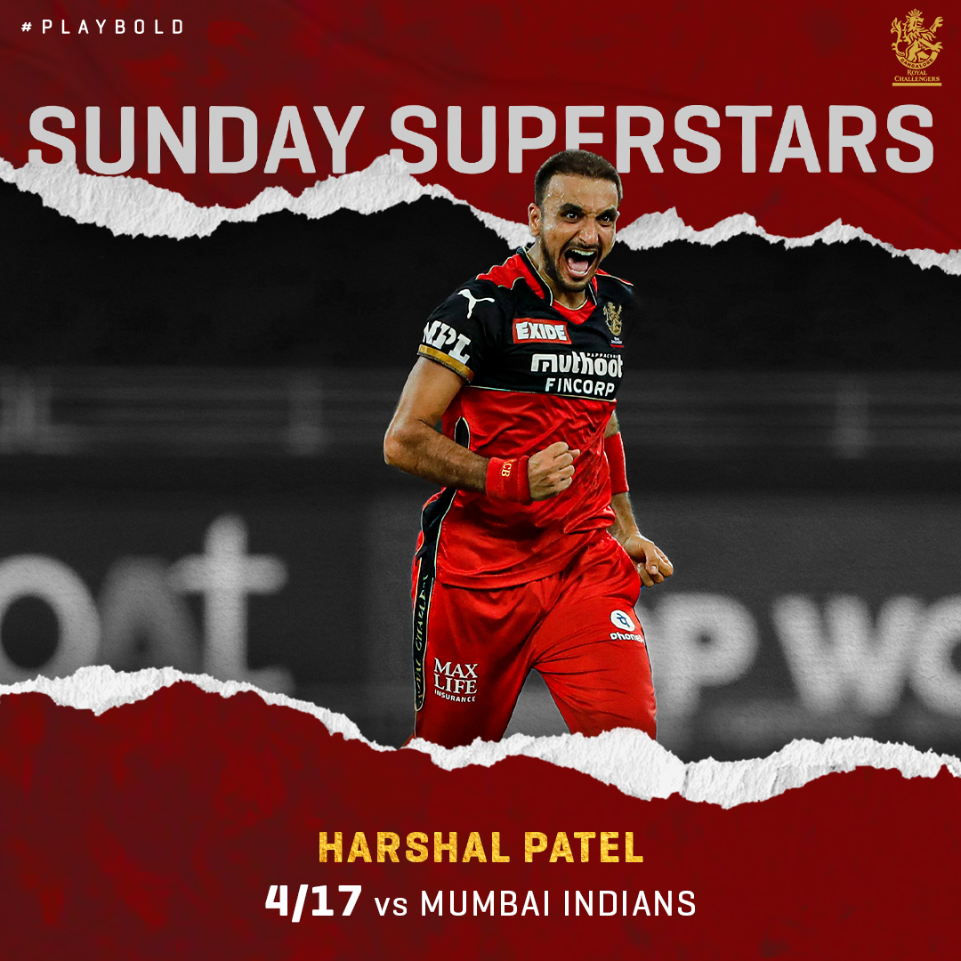 RCBTweets's tweet photo. #SundaySuperstars:

@HarshalPatel23 razed through the Mumbai Indians batting unit in 2️⃣0️⃣2️⃣1️⃣ with a magical spell, featuring a hat-trick that claimed Hardik, Pollard and Rahul Chahar before cleaning up the MI innings with the scalp of Bumrah. 🙌💥

#PlayBold #WeAreChallengers https://t.co/q5sOvhVMHM