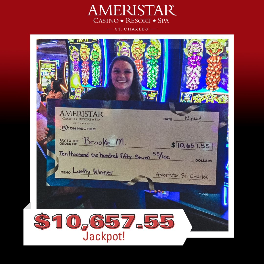 AmeristarSC's tweet photo. ๐จ๐๐๐๐๐๐๐ ๐๐๐๐๐๐จ
Congratulations to Brooke M. who won a $10,657.55 jackpot at Ameristar St. Charles!
#casino #BoydWinners #BoydRewards #gambling #slots #slotmachine #jackpot #jackpotwinner https://t.co/vUAm3rqvgd