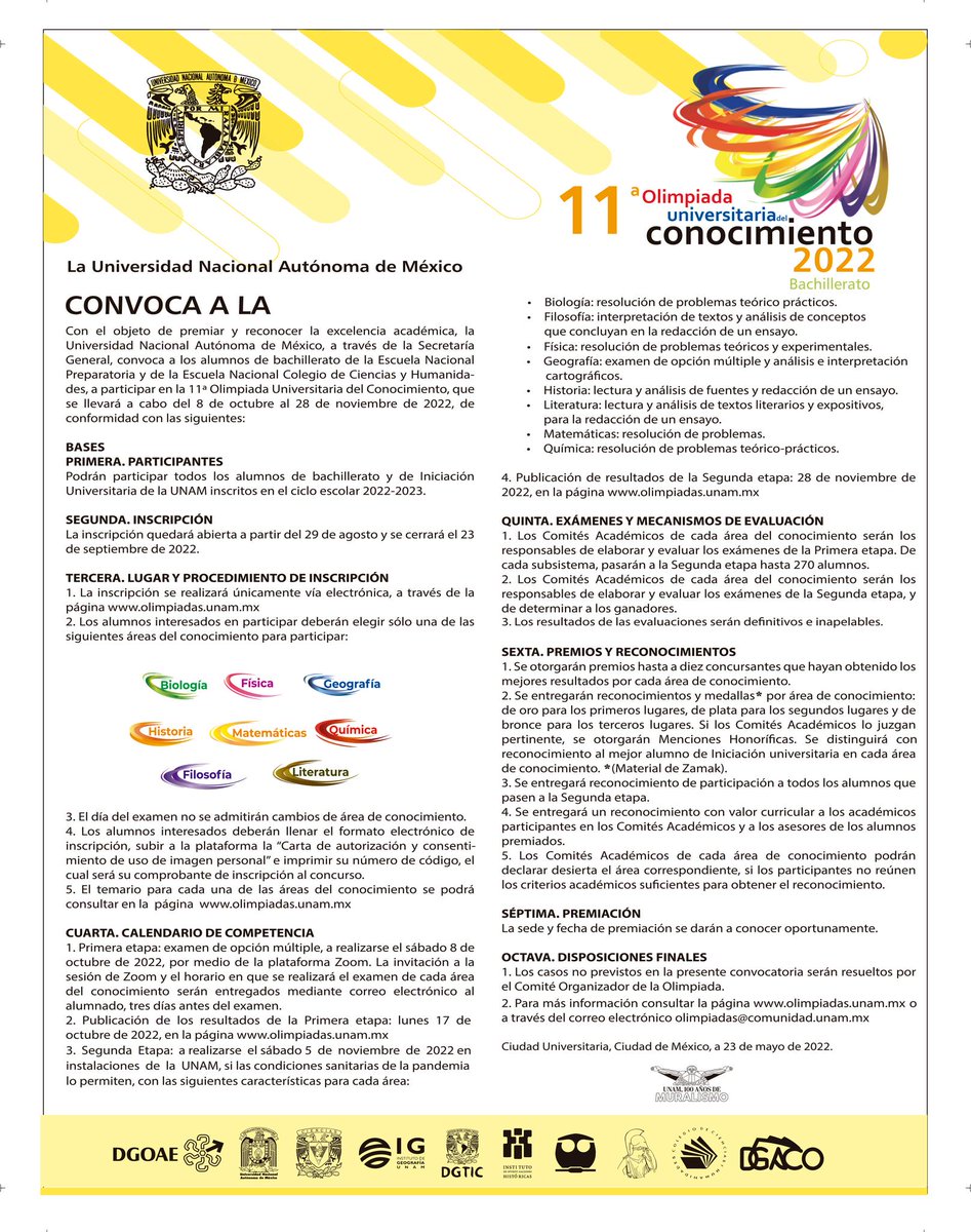 CCHVallejo_Ofi's tweet photo. 🟢 #CCHra y #CCHro te invitamos a participar en la 11ª Olimpiada Universitaria del Conocimiento, del 8 de octubre al 28 de noviembre de 2022
Inscripción: 29 de agosto a 23 de septiembre
https://t.co/RCL7Zof015 https://t.co/FXtigMs7Te