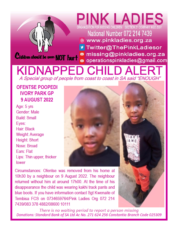 ThePinkLadiesOr's tweet photo. #MISSINGPinkLadies @ThePinkLadiesOr
MISSING: Ivory Park GP Ofentse Poopedi 9 August 2022
NOTE: Admin will make any necessary announcements once confirmed by Saps and/or press releases. 
Jacs Thomas – Director Pink Ladies Org
#Missing https://t.co/YRfBltKVdc