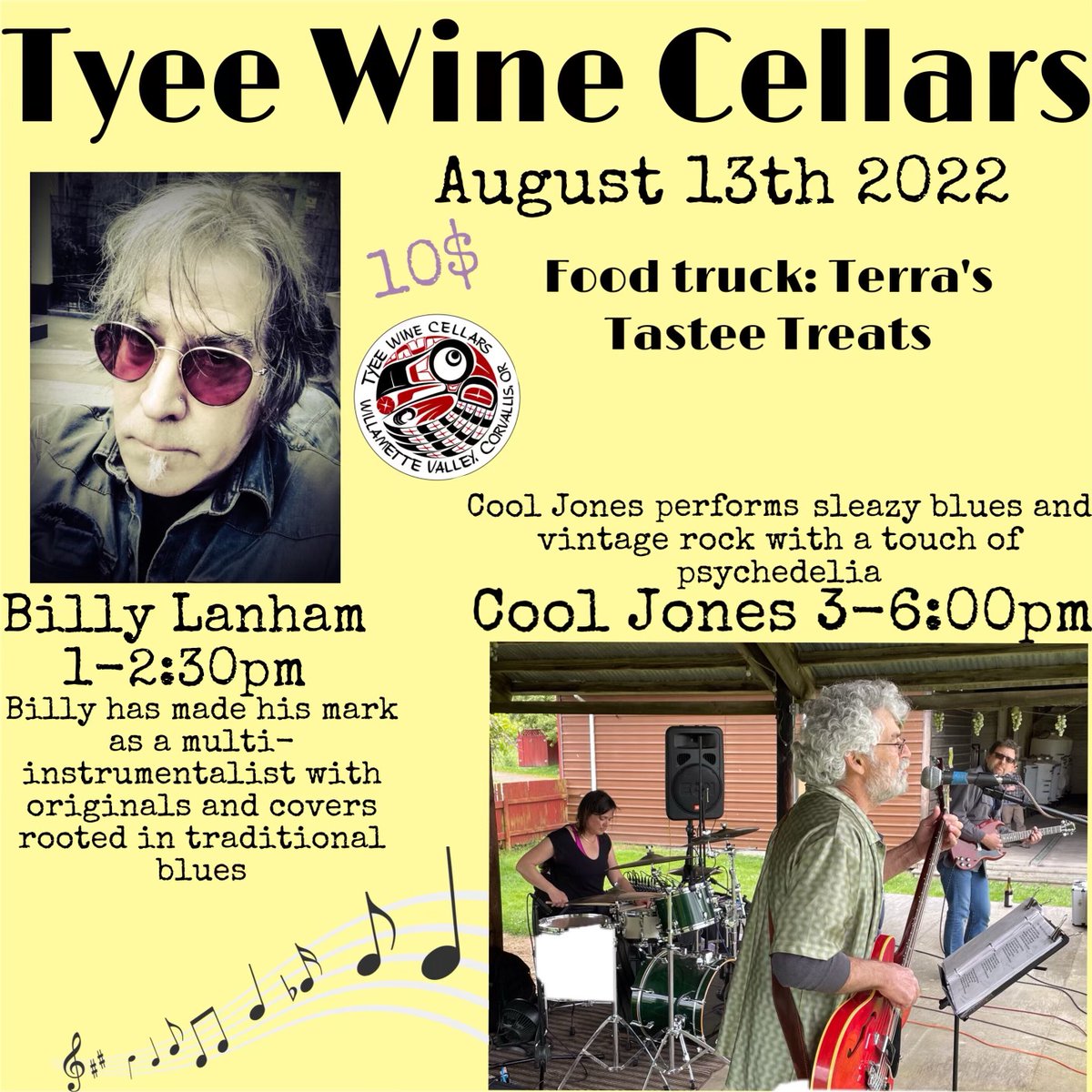 TyeeWine's tweet photo. See you at Tyee Wine Cellars on Saturday, August 13th, Open at Noon, Live Music until 6pm. $10 per visitor when you arrive. BBQ Food for purchase from Terra's Tastee Treats, Tyee Estate Wines and local beer.  Shady picnic grove right next to the groove plus Tyee hammock lounge. https://t.co/vilbqsbtbn