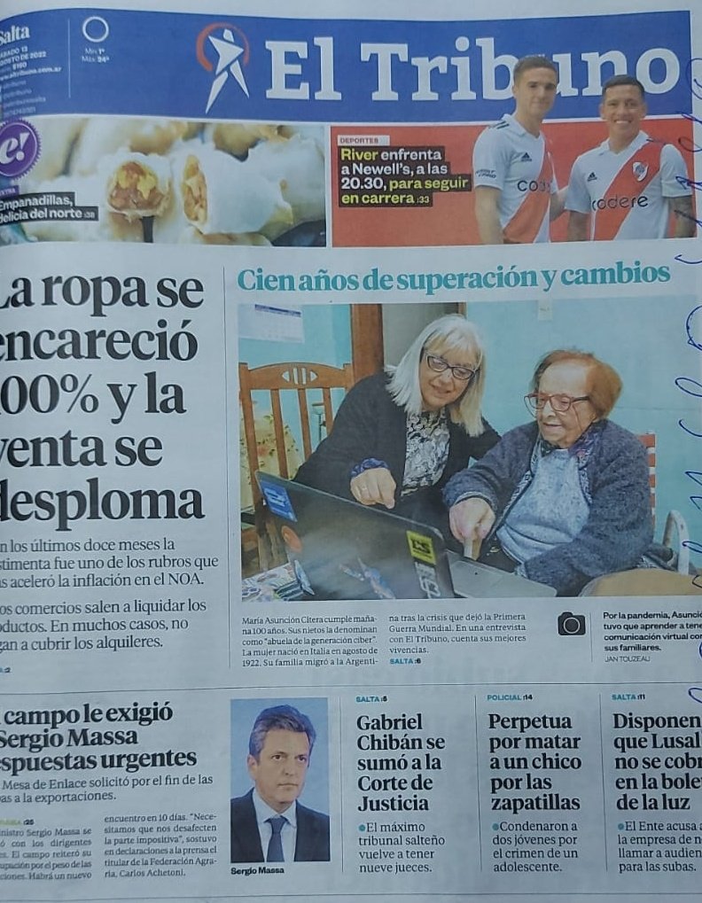 bicimama's tweet photo. Mi abuela mañana cumple 100 años y hoy fue tapa de @eltribuno 🥰

https://t.co/8vkJyiA5jF https://t.co/tAwzl8XXST